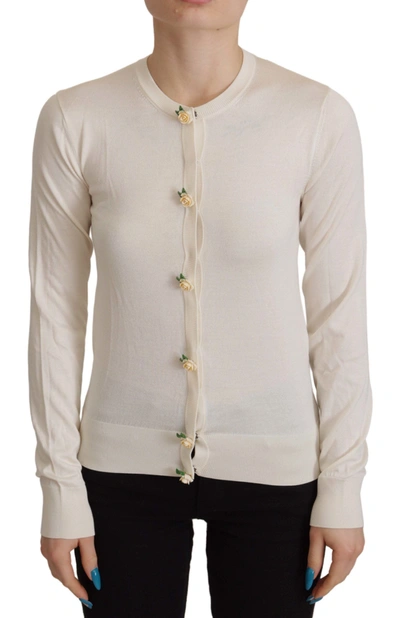 Dolce & Gabbana White Silk Knit Rose Button Cardigan Jumper In Off White