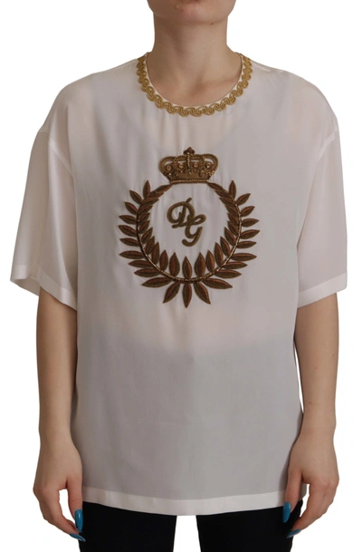 Dolce & Gabbana White Silk Gold Dg Crown Crystal Blouse Top