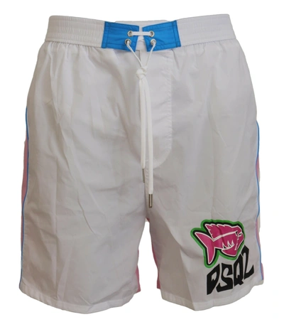 Dsquared² White Pink Logo Print Men Beachwear Shorts Swimwear