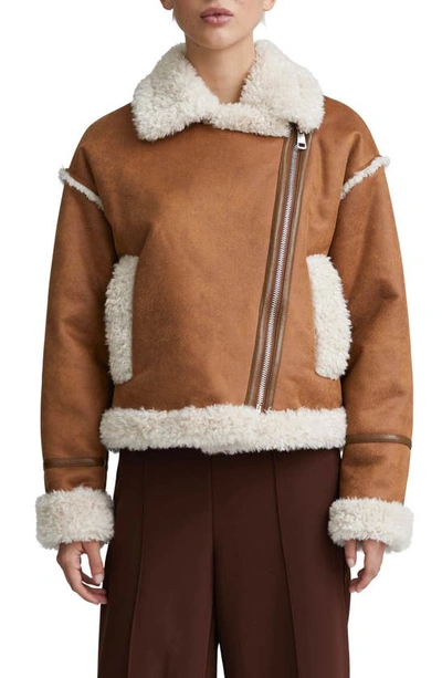 Nvlt Cropped Faux Shearling Biker Jacket In Luggage