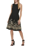 Calvin Klein Petites Womens Embroidered Mini Fit & Flare Dress In Black/ Gold