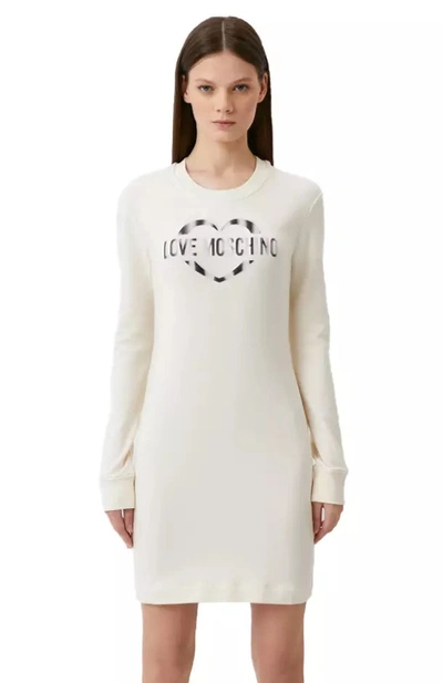 Love Moschino Chic White Cotton Blend Dress With Logo Women's Accent