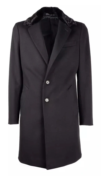 Made In Italy Elegant Virgin Wool Coat With Mink Fur Men's Collar In Black
