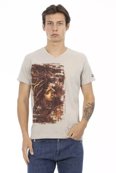 Trussardi Action Beige V-neck Tee With Chic Front Men's Print