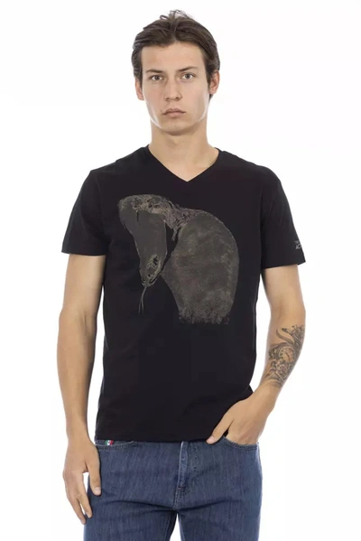 Trussardi Action V-neck Black Tee With Chic Front Men's Print