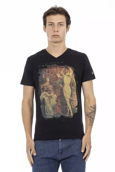 Trussardi Action Chic V-neck Tee With Artistic Front Men's Print In Black