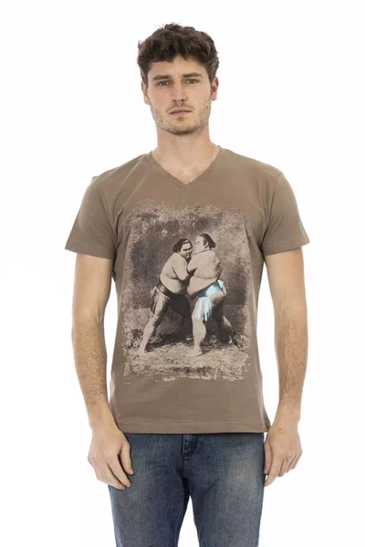 Trussardi Action Vibrant V-neck Luxury Tee With Chic Men's Print In Brown