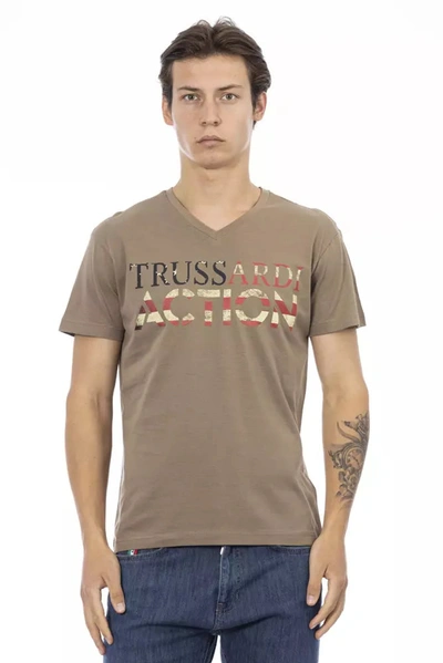 Trussardi Action Sleek V-neck Tee With Artistic Front Men's Print In Brown