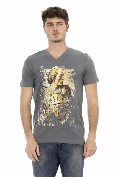Trussardi Action Chic V-neck Gray Tee With Striking Front Men's Print