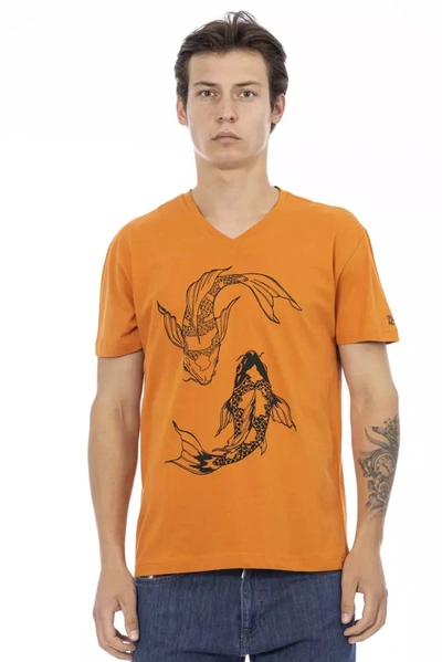 Trussardi Action Vibrant Orange V-neck Tee With Elegant Men's Print