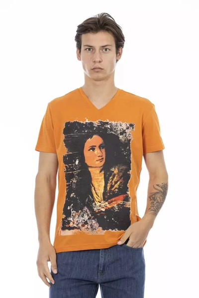 Trussardi Action Vibrant Orange V-neck Tee With Sleek Men's Print
