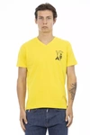 TRUSSARDI ACTION TRUSSARDI ACTION VIBRANT YELLOW V-NECK TEE WITH CHEST MEN'S PRINT
