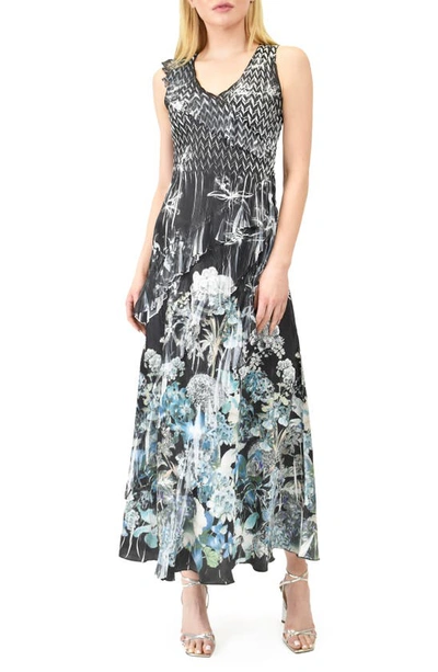 Komarov Floral Ruffle Sleeveless Charmeuse Gown In Hydrangea Border