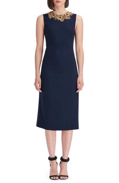 Oscar De La Renta Sunflower Crystal-embellished Sheath Midi Dress In Navy Multi