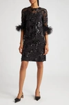 ERDEM SEQUIN EMBROIDERED FEATHER TRIM COCKTAIL DRESS