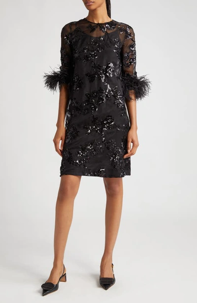 Erdem Feathered Floral Sequin-embellished Short Dress In Black Black
