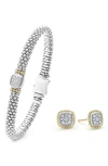 Lagos Caviar Beaded Bangle & Stud Earrings Set In Silver