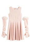LOVE, NICKIE LEW KIDS' GLITTER STRETCH VELVET PARTY DRESS & GLOVES SET WITH FEATHER TRIM
