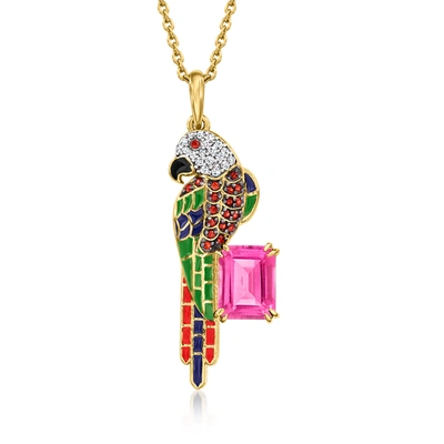 Ross-simons Pink Topaz And . Multi-gemstone Parrot Pendant Necklace With Multicolored Enamel In 18kt Gold Over S In Green