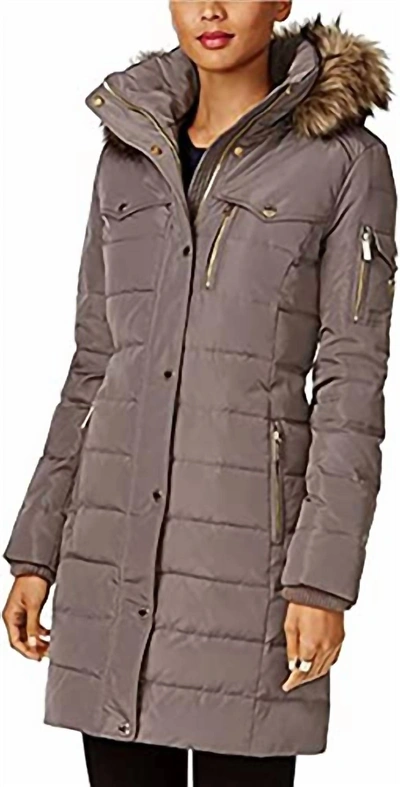 Michael Kors Women's Flannel Down 3/4 Puffer Coat With Faux Fur And Hood In Gray In Brown