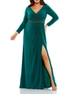 Mac Duggal Beaded Belt Jersey Faux Wrap Long Sleeve Gown In Green