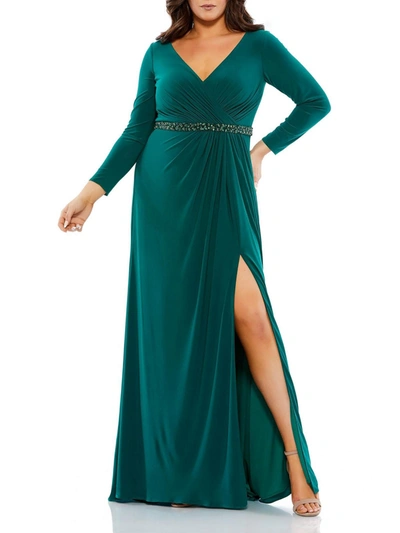 Mac Duggal Beaded Belt Jersey Faux Wrap Long Sleeve Gown In Green
