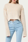 FORE CROPPED CABLE-KNIT STRIPED SWEATER IN LIGHT BROWN