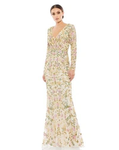 Mac Duggal Long Sleeve Floral Embellished Gown In Yellow