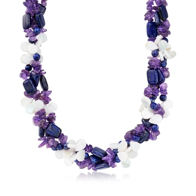Ross-simons Amethyst, 4-10mm Lapis And 8x12mm White Shell Bead Necklace With Sterling Silver In Purple