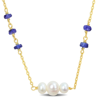 Mimi & Max 2 1/2ct Tgw Blue Sapphire Beads And 4-6.5mm Cultured Freshwater Pearl Necklace In Yellow Siilver - 1 In Multi