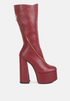 London Rag Tzar Faux Leather High Heeled Platfrom Calf Boots In Red