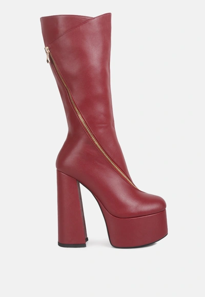 London Rag Tzar Faux Leather High Heeled Platfrom Calf Boots In Red