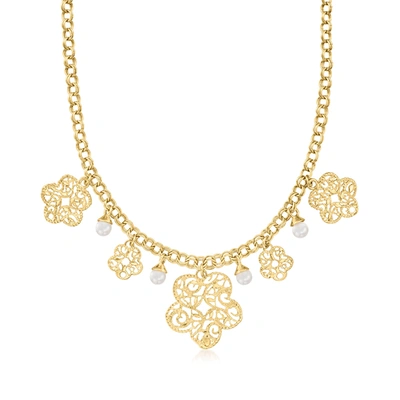 Ross-simons Italian 5-5.5mm Cultured Pearl Floral Filigree Drop Necklace In 18kt Gold Over Sterling