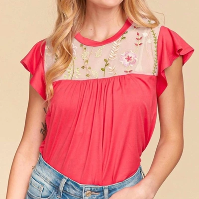Haptics Embroidered Flutter Top In Bright Coral In Pink