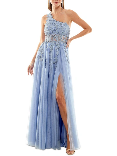 Tlc Say Yes To The Prom Juniors Womens Embroidered Asymmetric Evening Dress In Blue