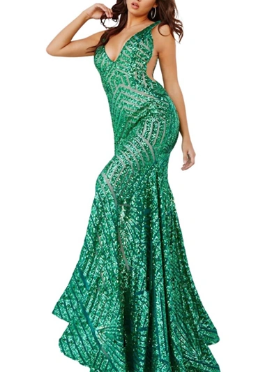 Jovani Sequin Gown In Emerald In Blue