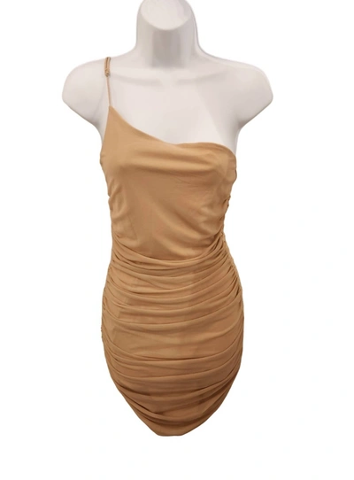Cotton Candy One Shoulder Dress In Tan In Brown