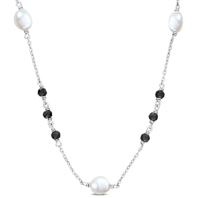 Mimi & Max 4ct Tgw Black Moissanite And 4.5-7mm Cultured Freshwater Pearl Curb Link Chain Necklace In Sterling 