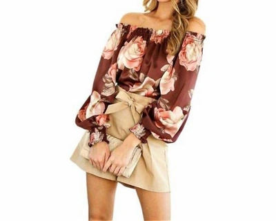 Vine & Love Floral Satin Top In Chocolate In Brown