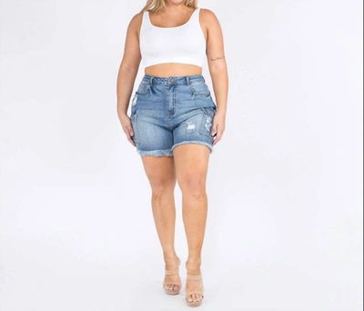 American Bazi Plus Size High Waist Cargo Denim Shorts In Medium Wash In Blue