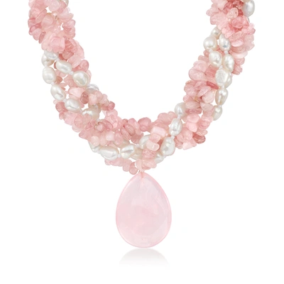 Ross-simons Rose Quartz And 7-8mm Cultured Pearl Necklace With Sterling Silver In Pink