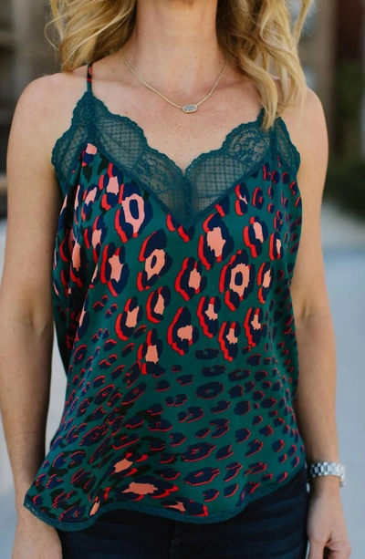 Lovestitch Leopard Print Lace Trim Camisole In Teal Leopard In Blue