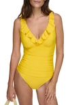 Dkny Ruffle Plunge Underwire Tummy Control One-piece Swimsuit, Created For Macy's In Cumin