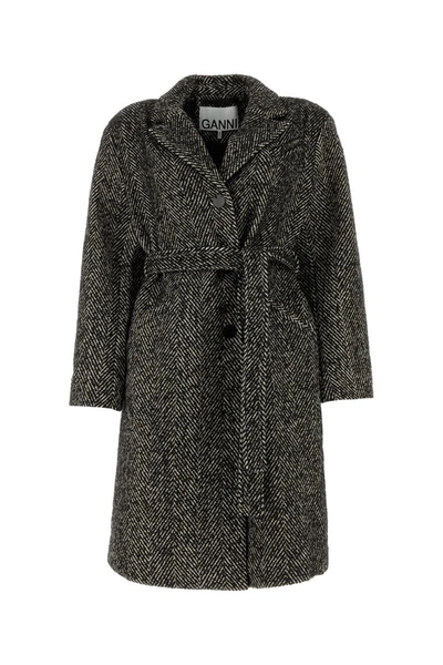 Ganni Herringbone-pattern Coat In Black