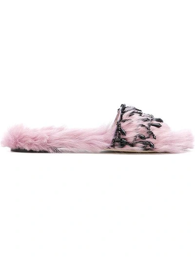 Alberta Ferretti 10mm Beaded Faux Fur Slide Sandals In Pink