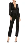 Mac Duggal Plunge Neck Long Sleeve Satin Jumpsuit In Black