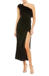 MAC DUGGAL FEATHER TRIM ONE-SHOULDER COCKTAIL MIDI DRESS