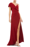 Mac Duggal Asymmetric V-neck Jersey Ruffled Cap Sleeve Gown In Wine
