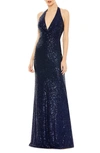 Mac Duggal Metallic Halter Gown In Navy