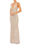Mac Duggal Sequined Halter Strap Plunge Neck Gown In Rose Gold